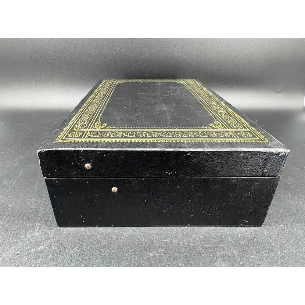 Vintage 1950s Jewelry Box Black Gold Tooled Red Velvet Lift Tray 12.5